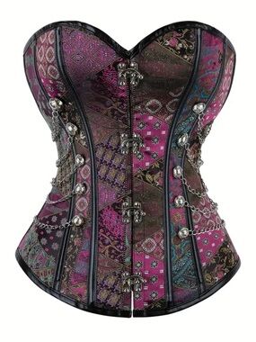 Victorian Style 2X Brocade Corset with Brass Chain Accents NEW